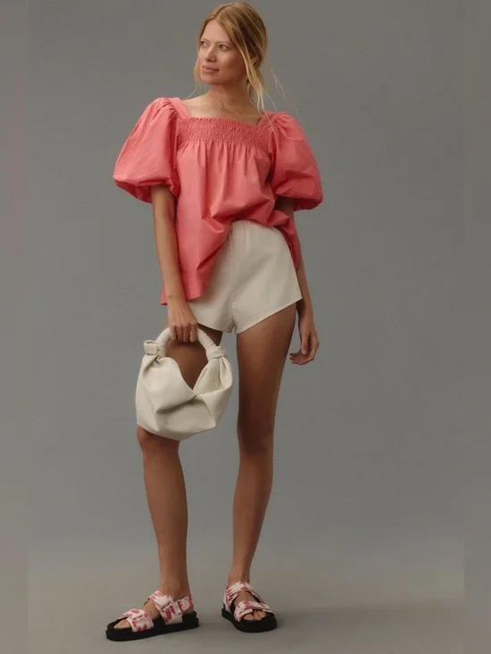 Anthropologie Maeve Coral Pink Puff-Sleeve Smocked Blouse Size Medium - Picture 7 of 8